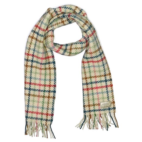 Coach Poppy Plaid Tattersall Fringe Muffler Wool Cashmere Oblong Knit Scarf Wrap - Picture 3 of 7